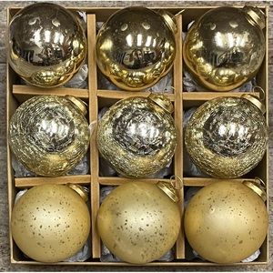 9 Tinsel & Fir Kugel Style Gold Mercury Glass Ornaments New